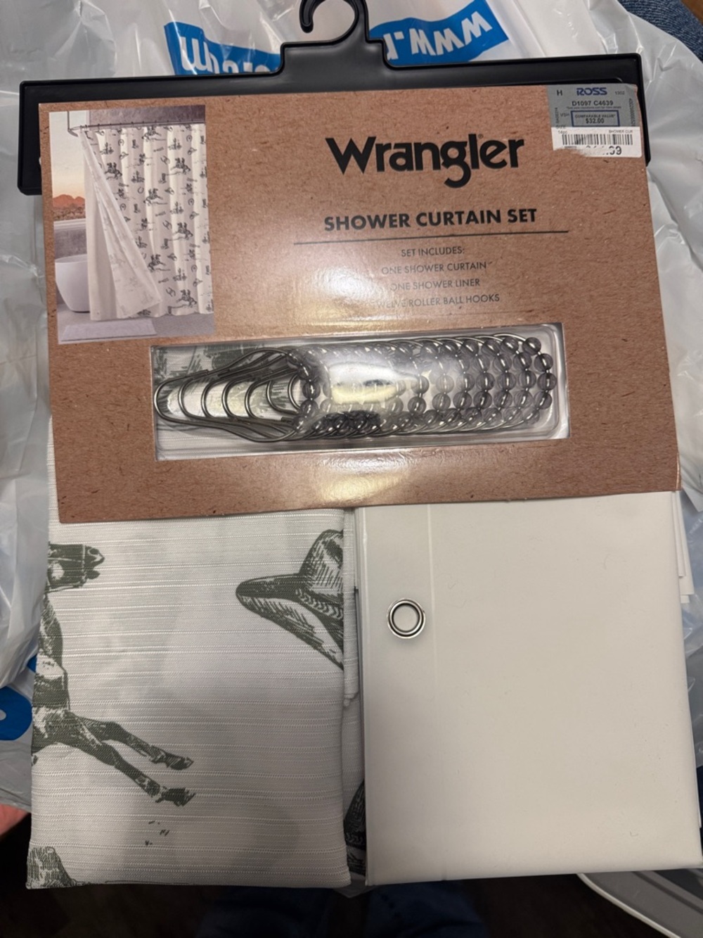 Wrangler White Shower Curtain with Green Western Print